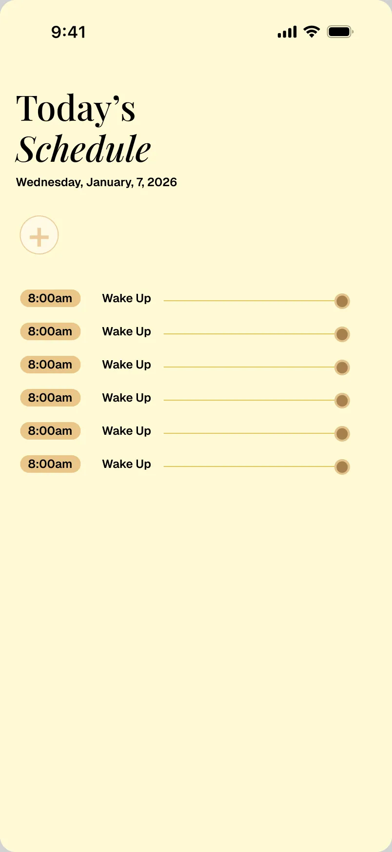 A minimal daily schedule screen with a serif heading on a cream background