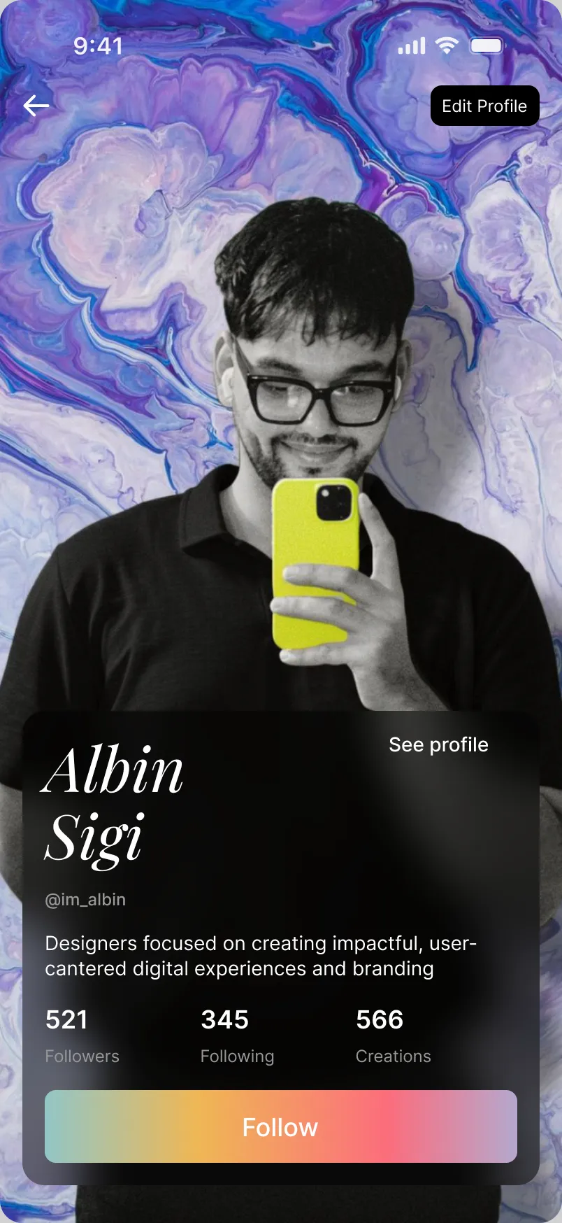 A designer profile screen with a marble background and follower stats