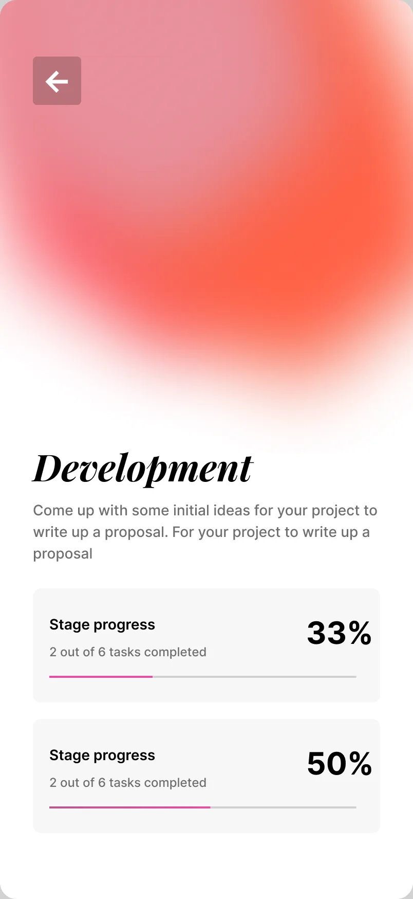 A project progress screen with a soft gradient header and stage progress cards
