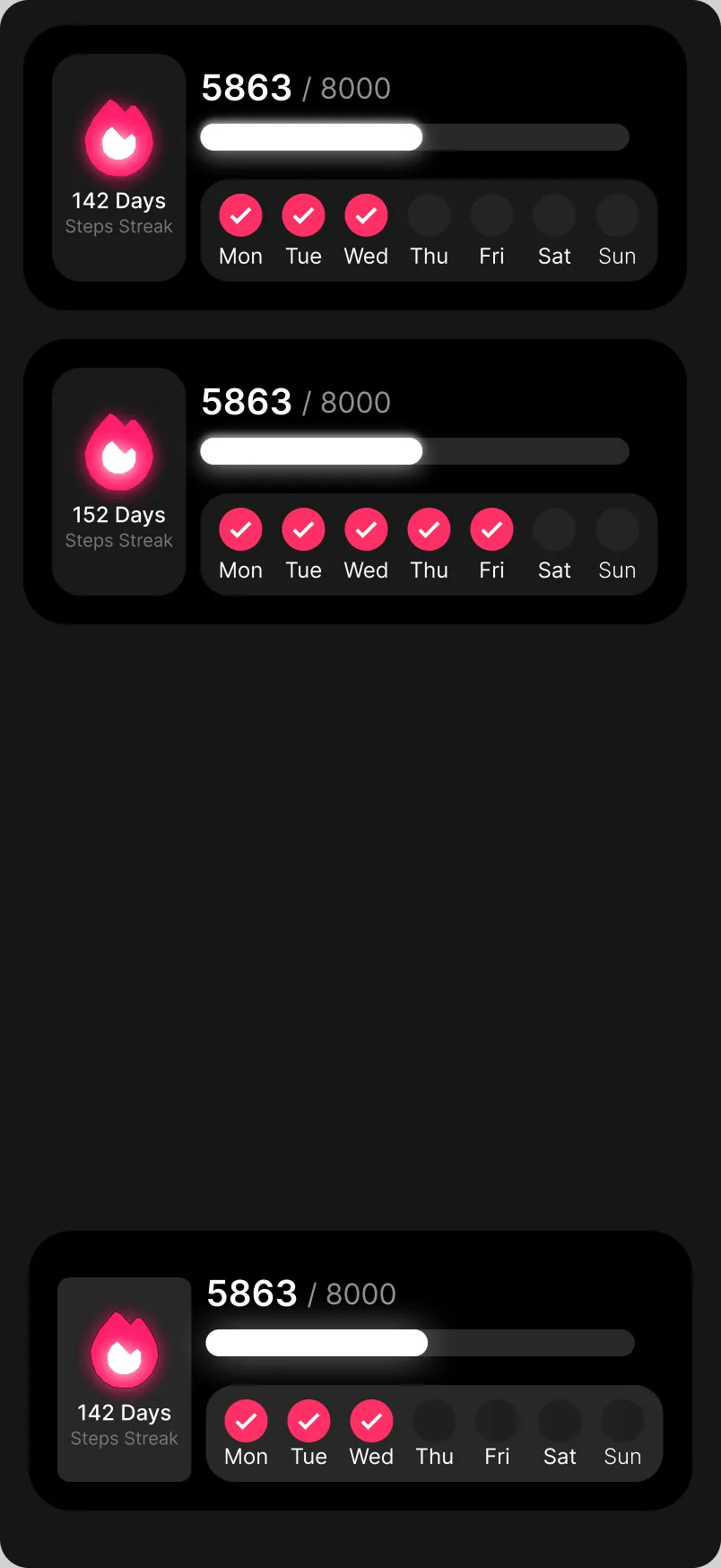 A dark fitness tracker screen with step counts and a weekly streak