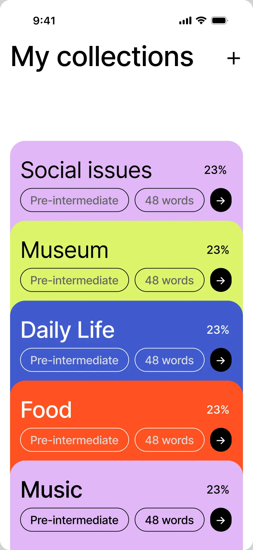 A vocabulary collections screen with bold colourful category cards