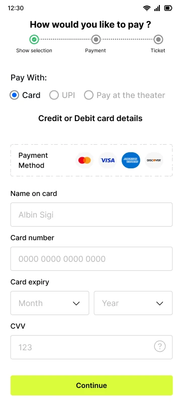 The 2024 payment screen: a three-step bar and a card form with name, number, expiry and CVV