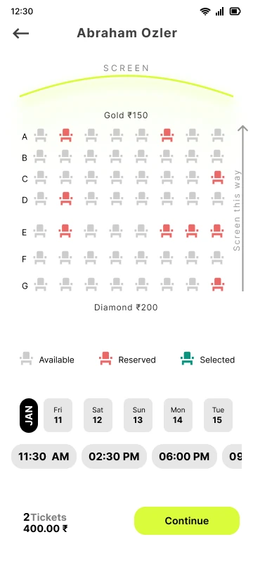 The 2024 seat selection screen with small seat icons in grey, red and green