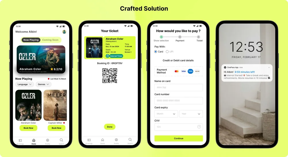 The final CinePass screens: browse, ticket, payment and interval notification