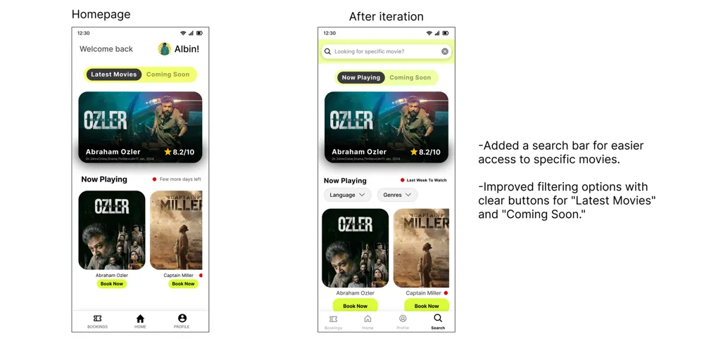 Homepage before and after user testing: search, filters and clearer wording added