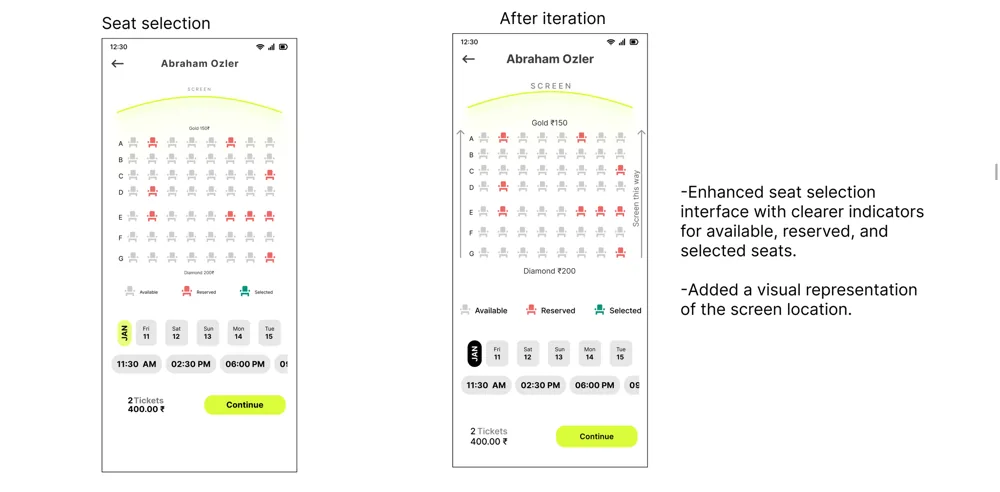 Seat selection before and after: a clearer screen indicator added