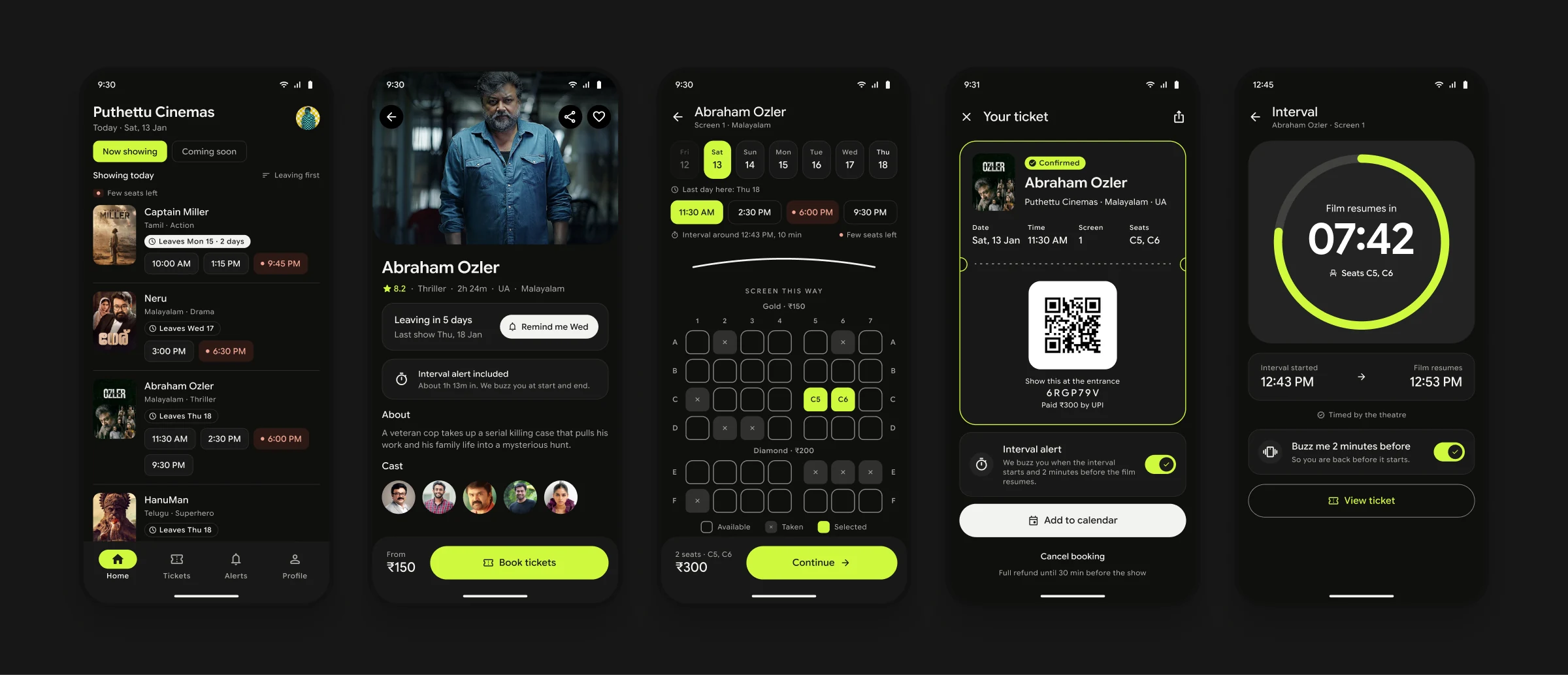 Five screens in dark mode: home, movie details, seats, ticket and the interval timer