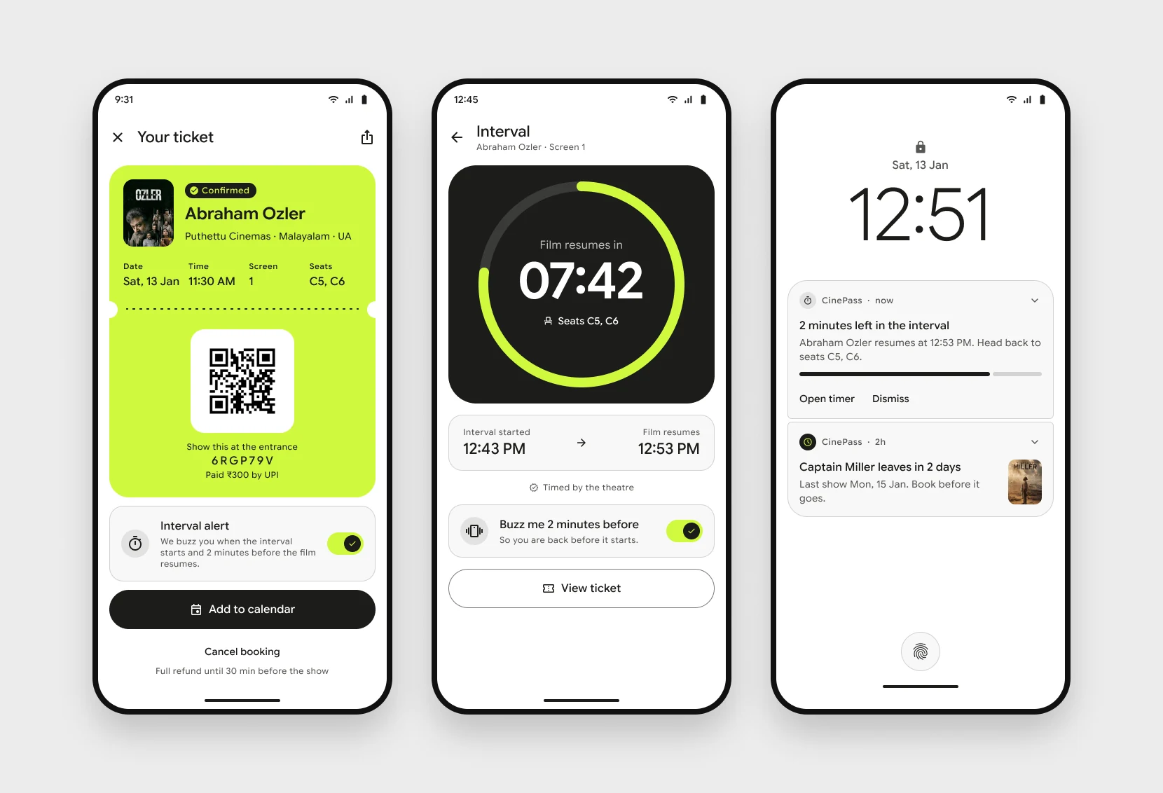 The ticket, the live interval countdown, and lock screen alerts for the interval and for a film leaving soon