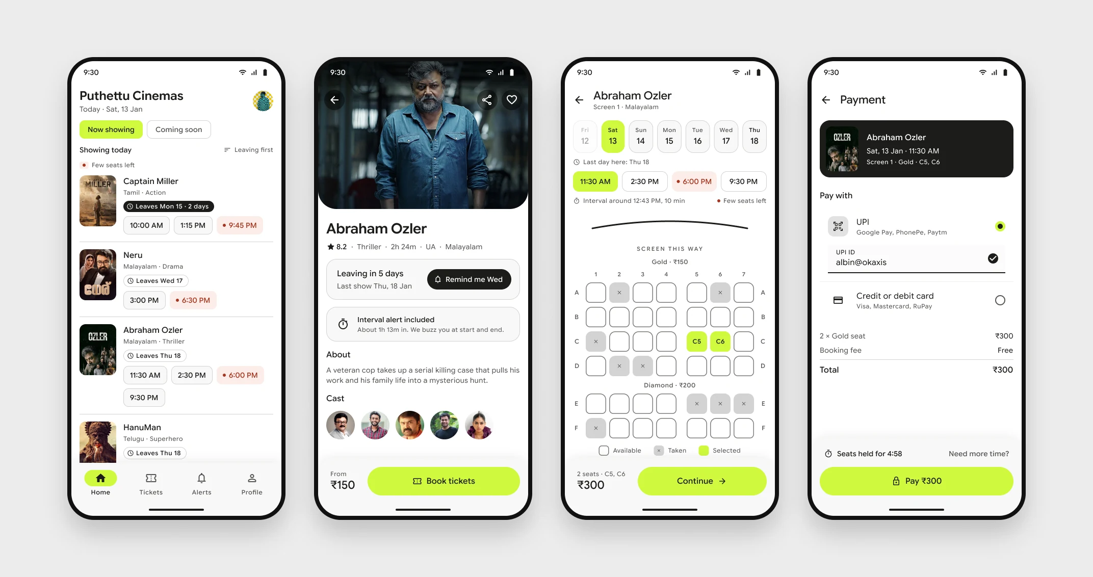 The 2026 booking flow: today at the theatre, movie details, seat selection and payment
