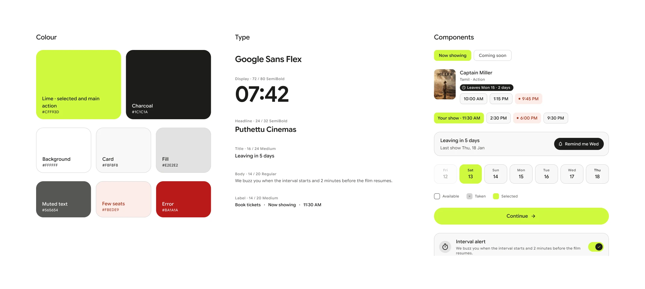 The visual language: colour roles, the type scale in Google Sans Flex, and core components