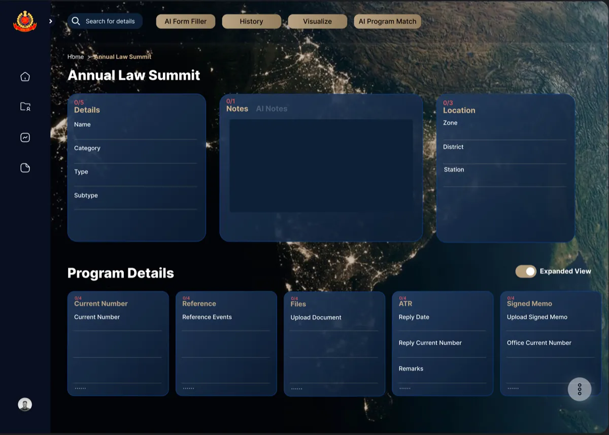 The redesigned program view: one screen of collapsible section cards, each with a completion indicator