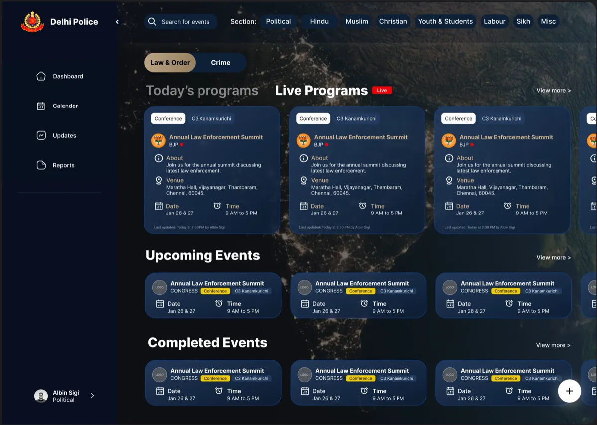 The shipped homepage: sidebar with Dashboard, Calendar, Updates and Reports, category chips along the top, the Law and Order vs Crime toggle, and live programs shown first on a night satellite view of India