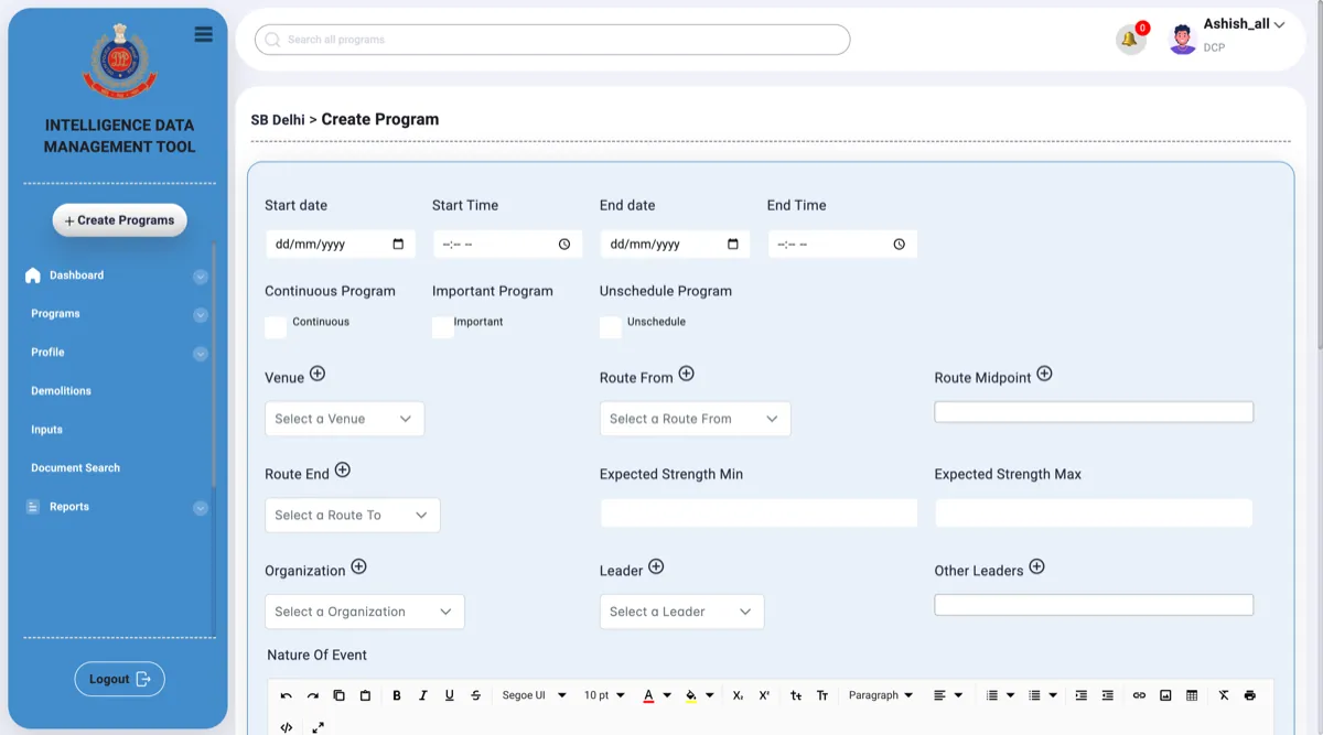 The old Intelligence Data Management Tool: a flat blue interface with a long program form and a full rich text toolbar on every field