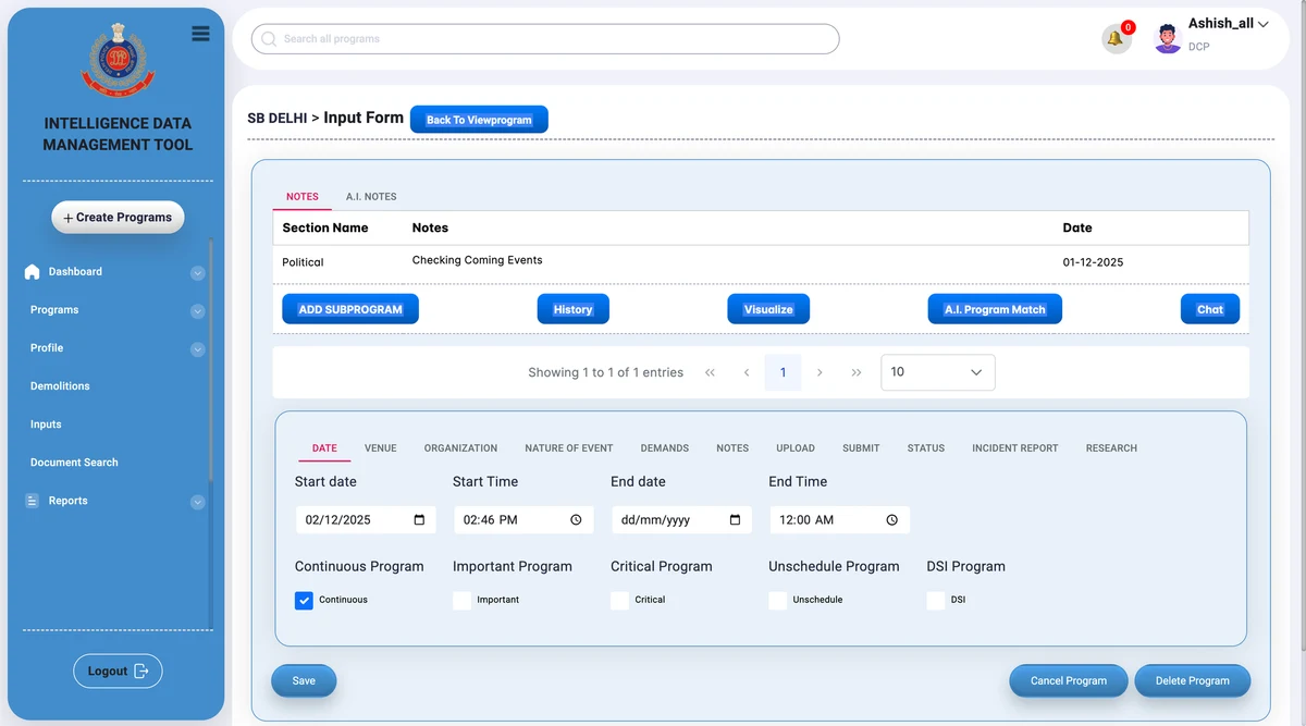The old input form: eleven horizontal tabs for one program record