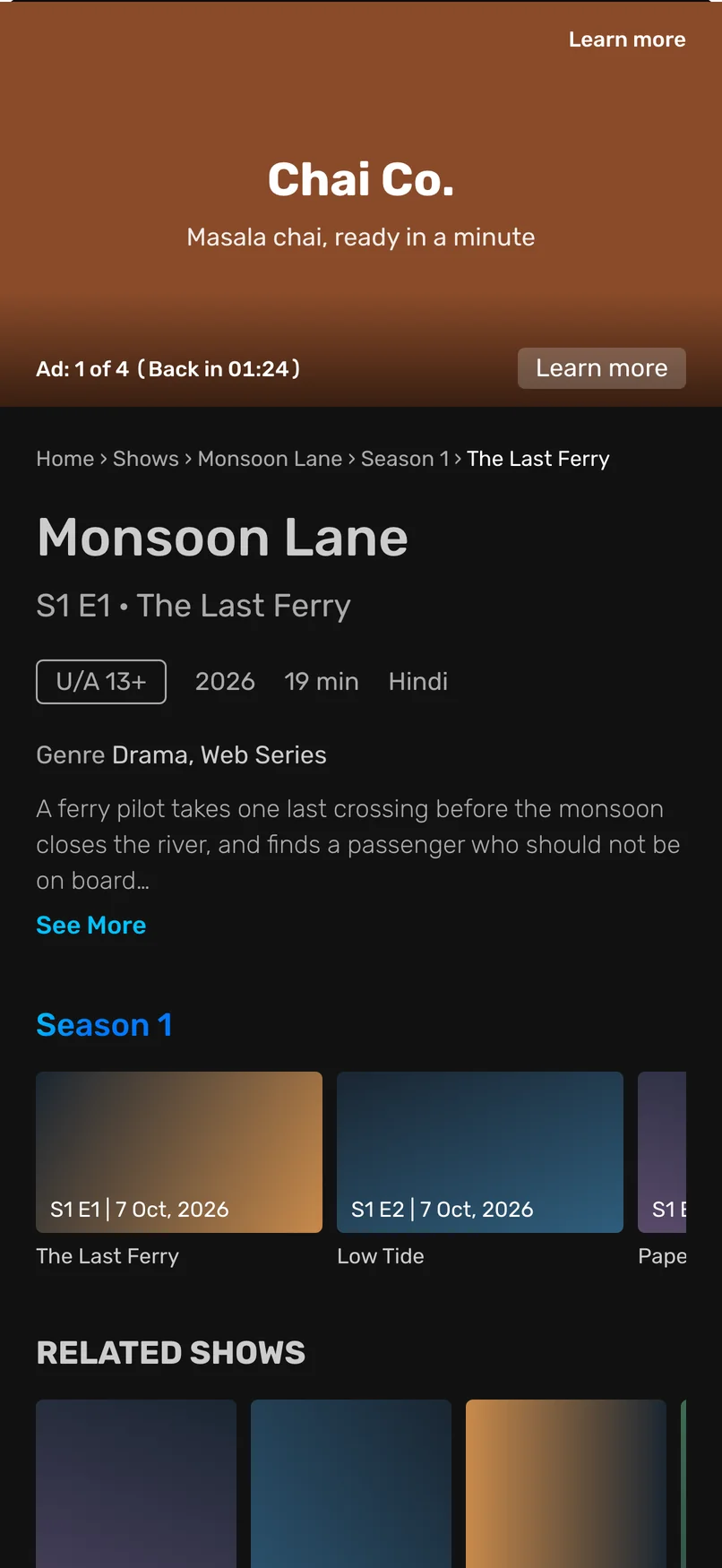 The episode page with an ad playing. The label reads Ad: 1 of 4 (Back in 01:24)