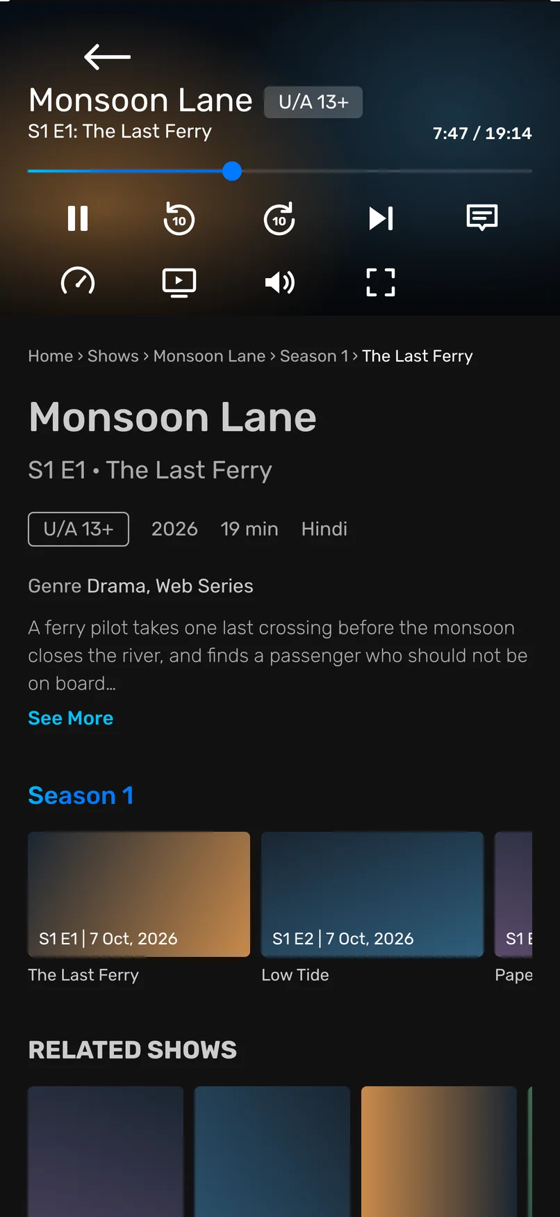 The episode page after the break. The show is back and the player controls are showing