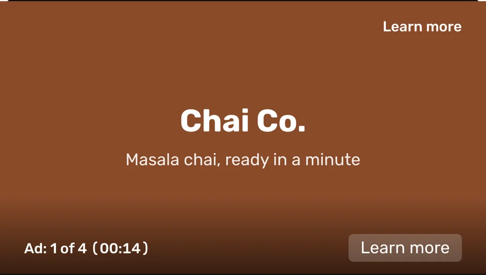 An ad playing, with Ad: 1 of 4 (00:14) at the bottom left and a Learn more button at the bottom right