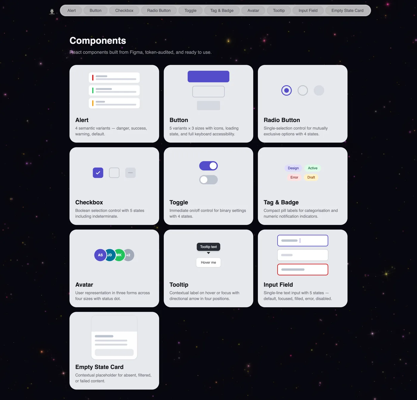 The full Nucleus component library on one canvas: alert, button, radio, checkbox, toggle, tag and badge, avatar, tooltip, input field and empty state card