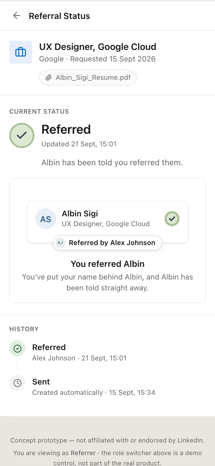 The final Referred moment: a Referred by Alex Johnson tag on Albin's application, with a success badge