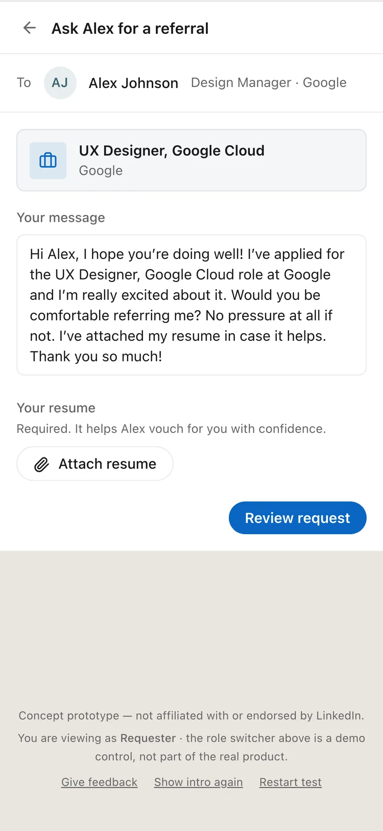 The compose screen with a drafted message and a required resume attachment
