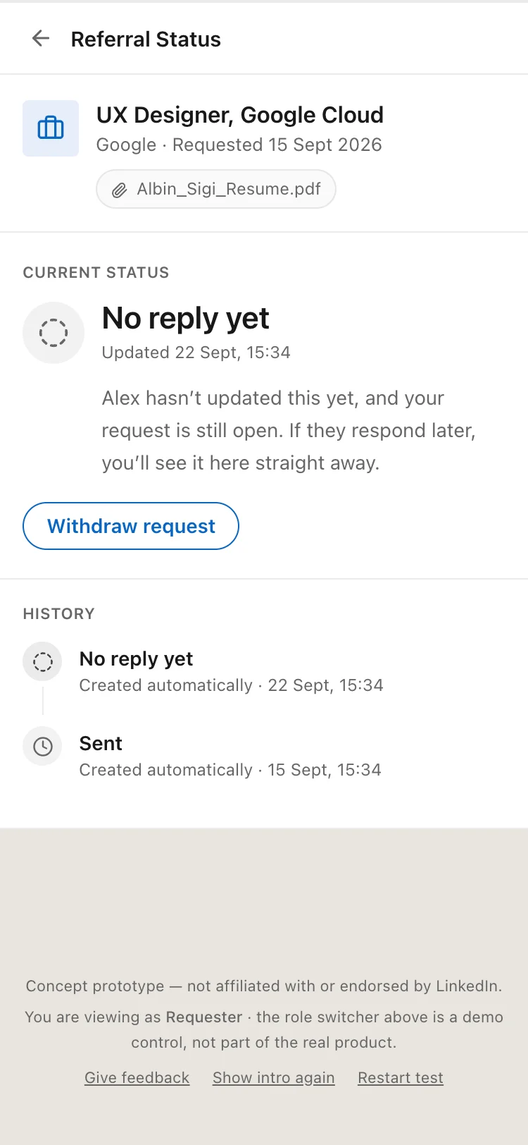 The status screen showing No reply yet, explaining the request is still open and will update if Alex responds