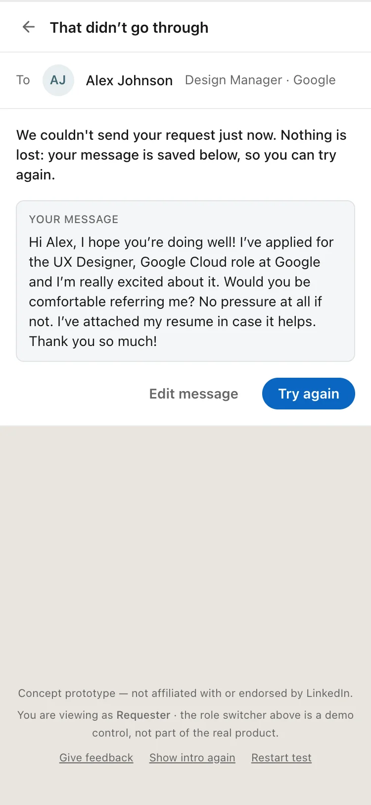 A screen titled That didn't go through, with the message kept and buttons to edit it or try again