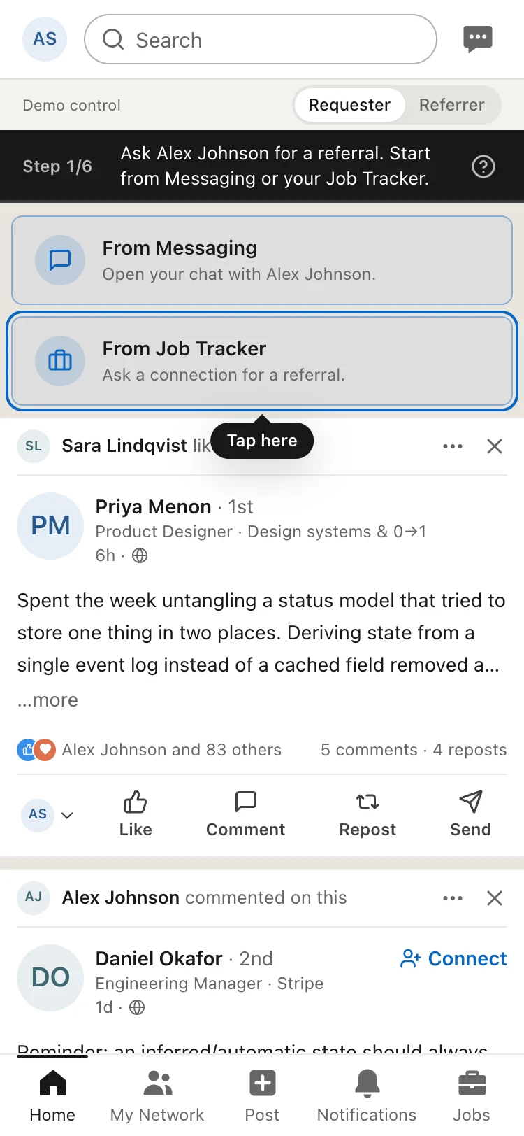 The test guide's first step, with only From Job Tracker highlighted and a Tap here label