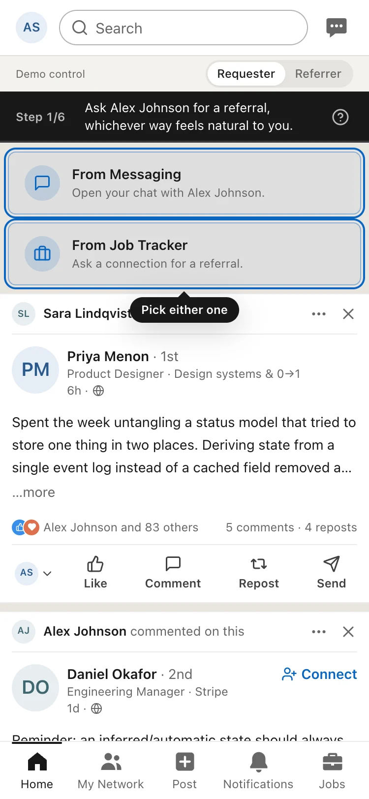 The test guide's first step, with both From Messaging and From Job Tracker highlighted and a Pick either one label