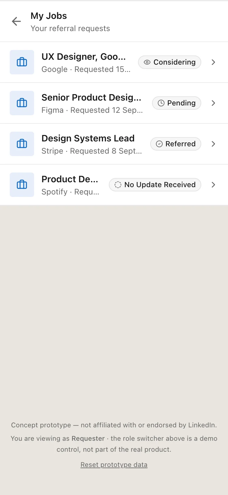 An early My Jobs list with grey outlined tags reading Considering, Pending, Referred and No Update Received