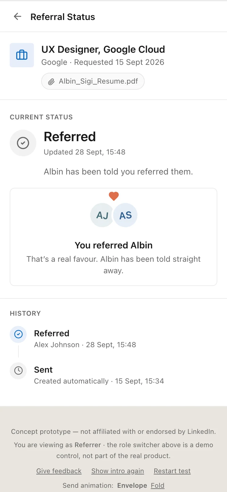 An earlier Referred moment: Alex's and Albin's avatars pressed together under a red heart