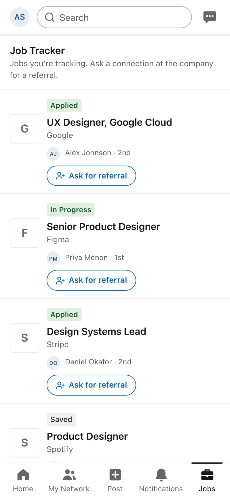 The Job Tracker, showing tracked jobs with the connections you have at each company and an Ask for referral button