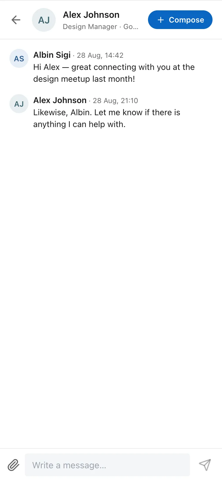 A LinkedIn message thread with Alex Johnson, with a Compose button in the thread header