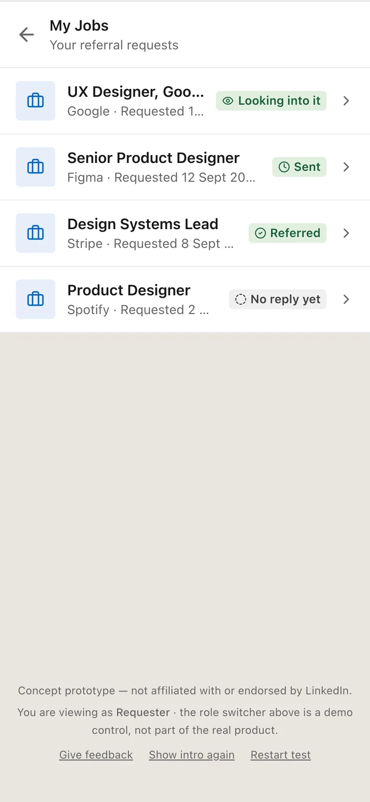 The final My Jobs list with green tags for live requests and a grey tag for No reply yet