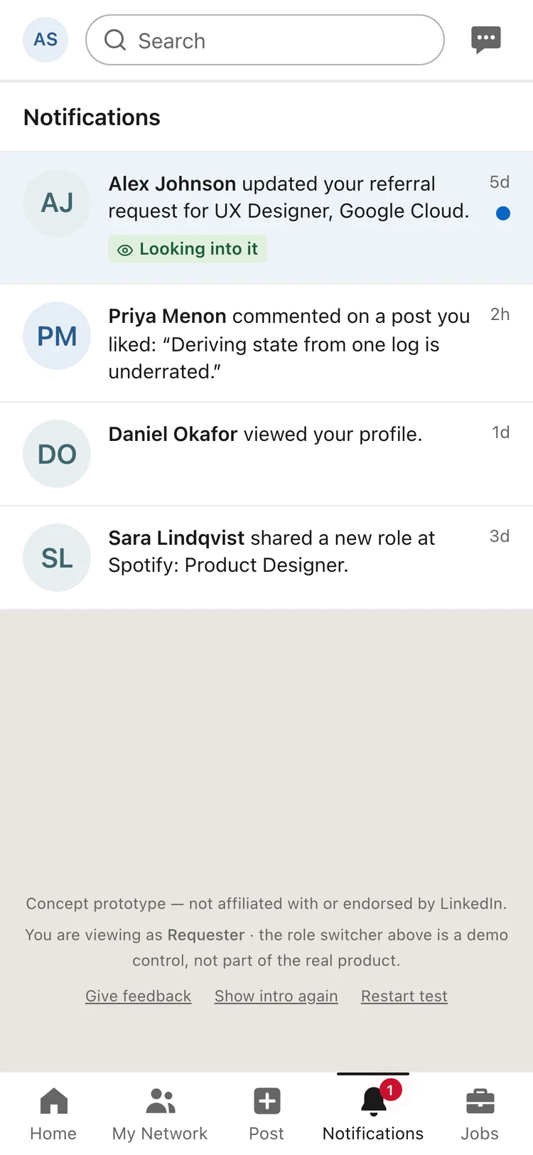 The notifications tab, with an unread update saying the referral is being looked into