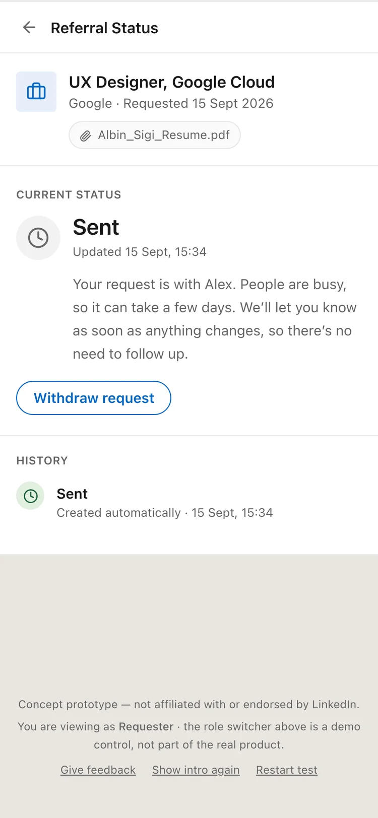 The final status screen showing Sent, with a sentence saying there is no need to follow up