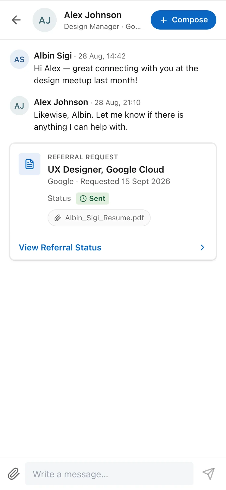 A LinkedIn message thread with a Referral Request card inside it, showing the status Sent