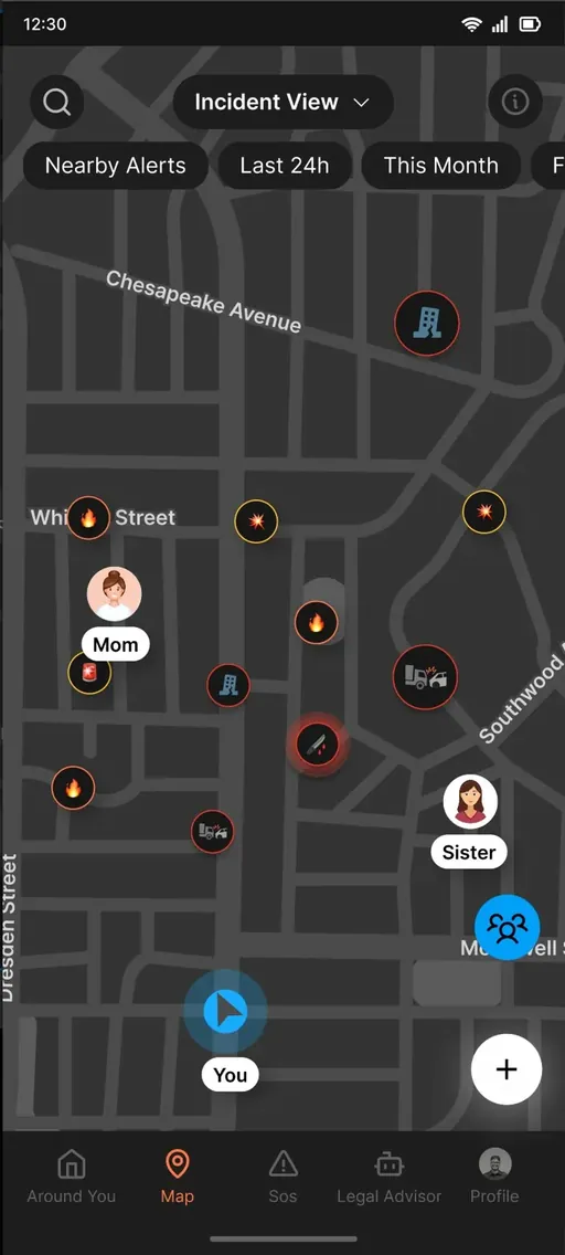 The family drawer: family members shown on the same map as incidents