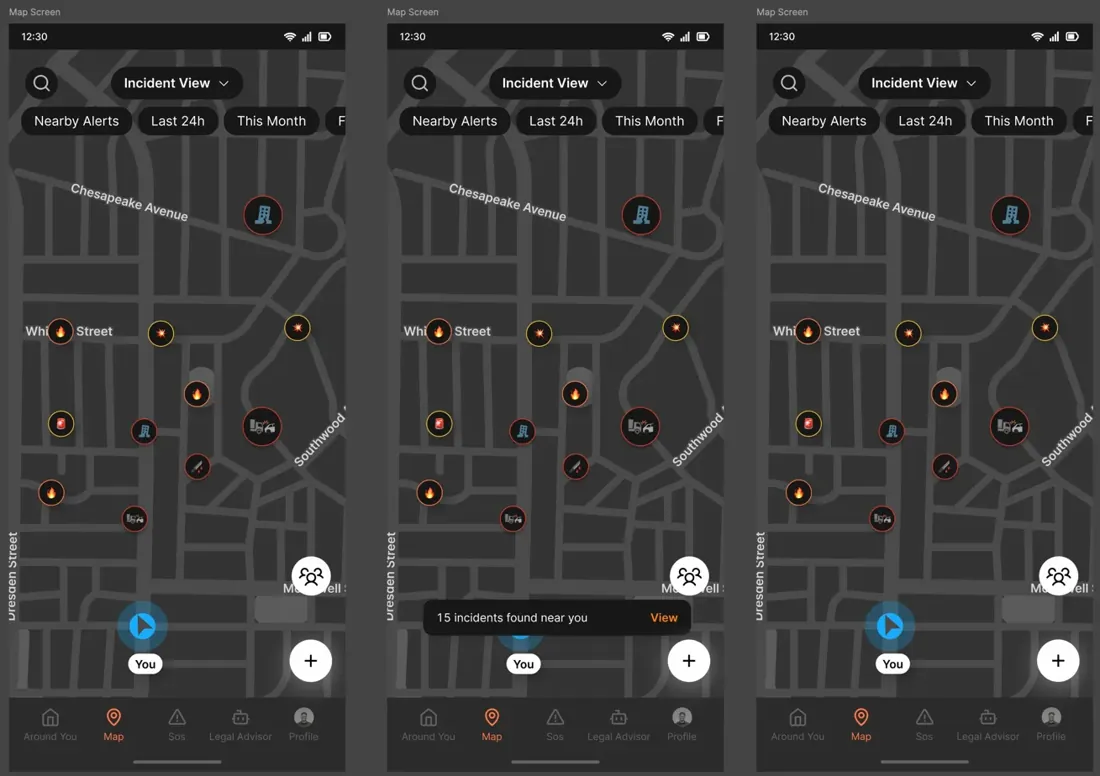 The incident view: live event markers on the map
