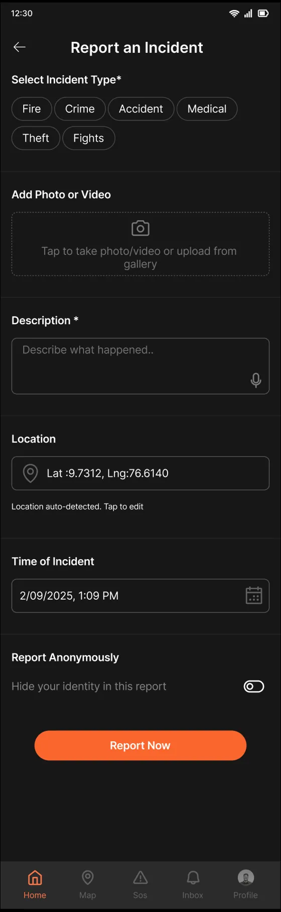 The first version of the incident report: a single long screen with every field at once