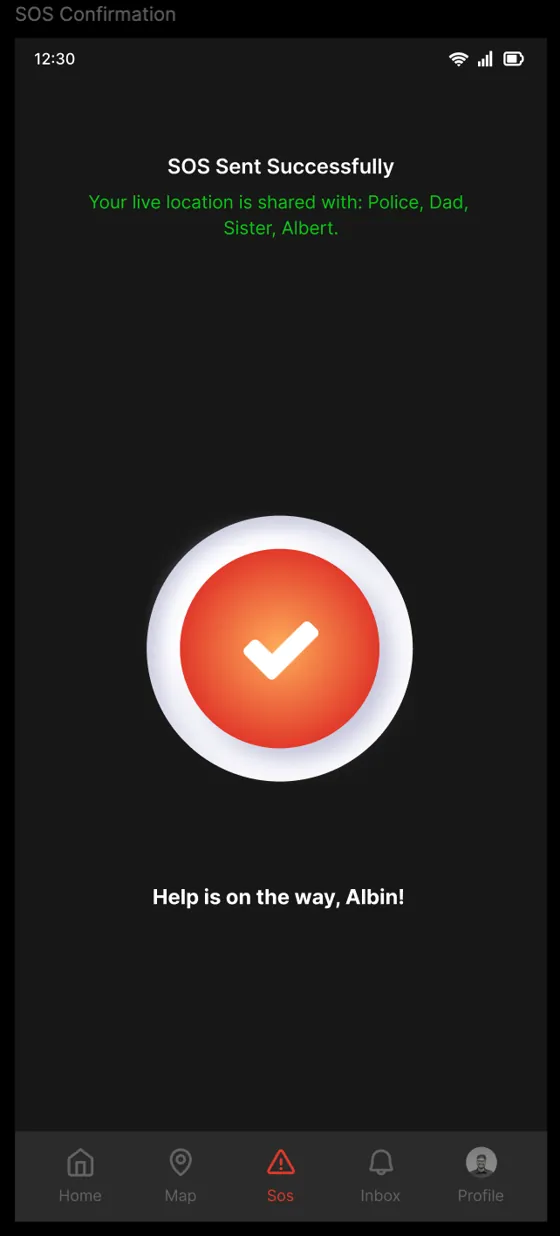 The SOS countdown, with contact avatars appearing as each person is notified