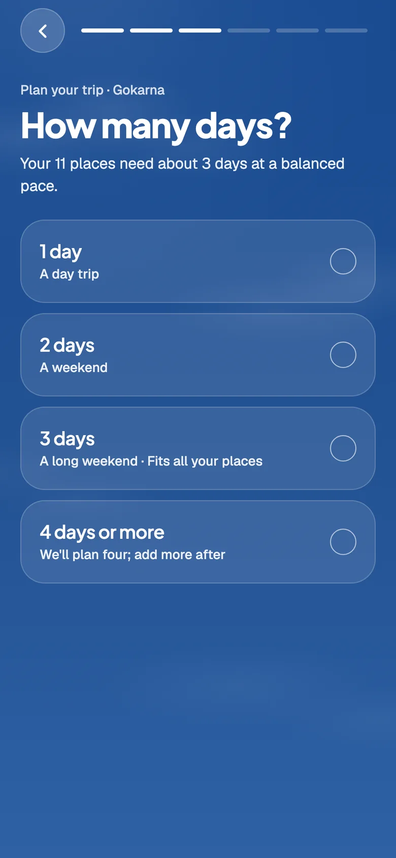 A planner question: How many days? It says the 11 places need about 3 days, and marks the 3 day option as fitting all your places