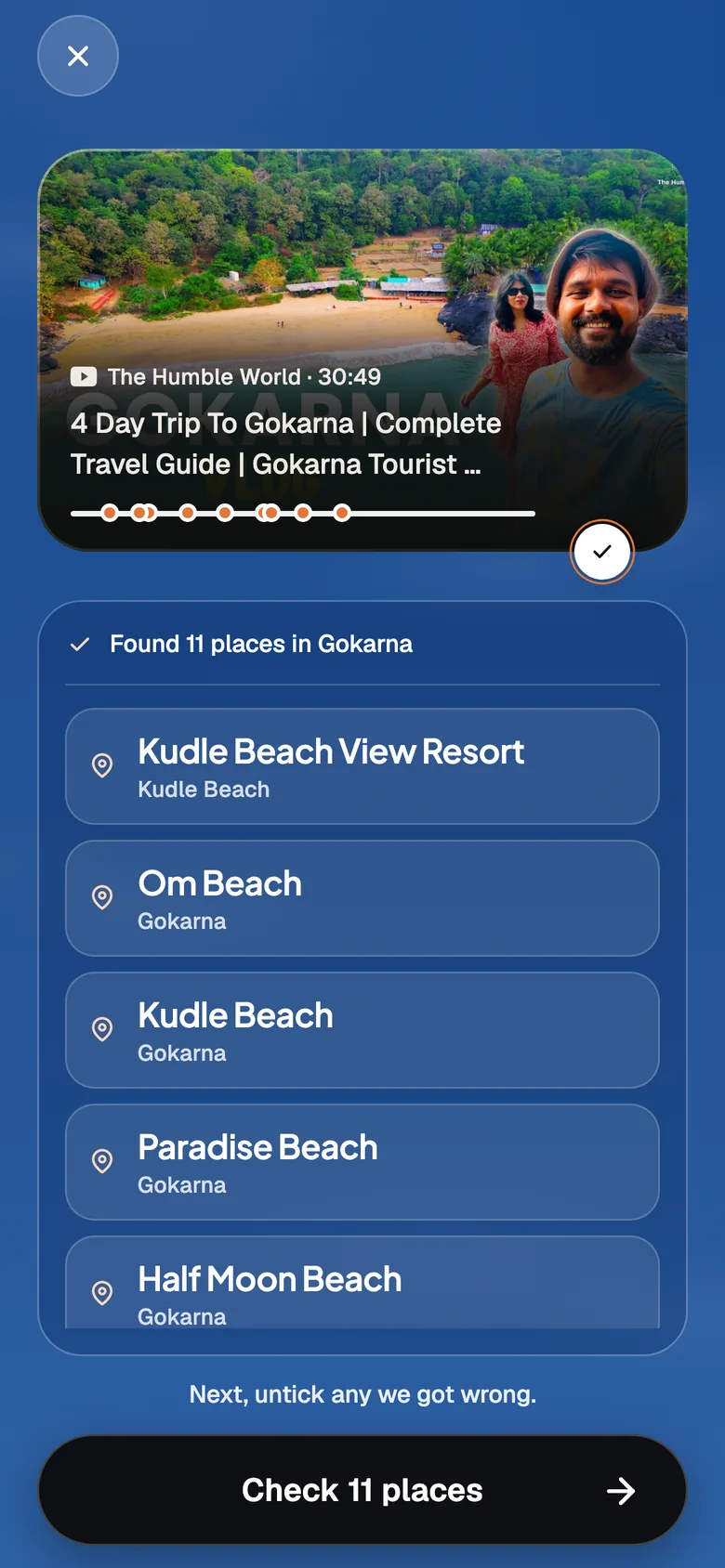 The reading screen for a 30 minute Gokarna travel video: 11 places found, listed under the video