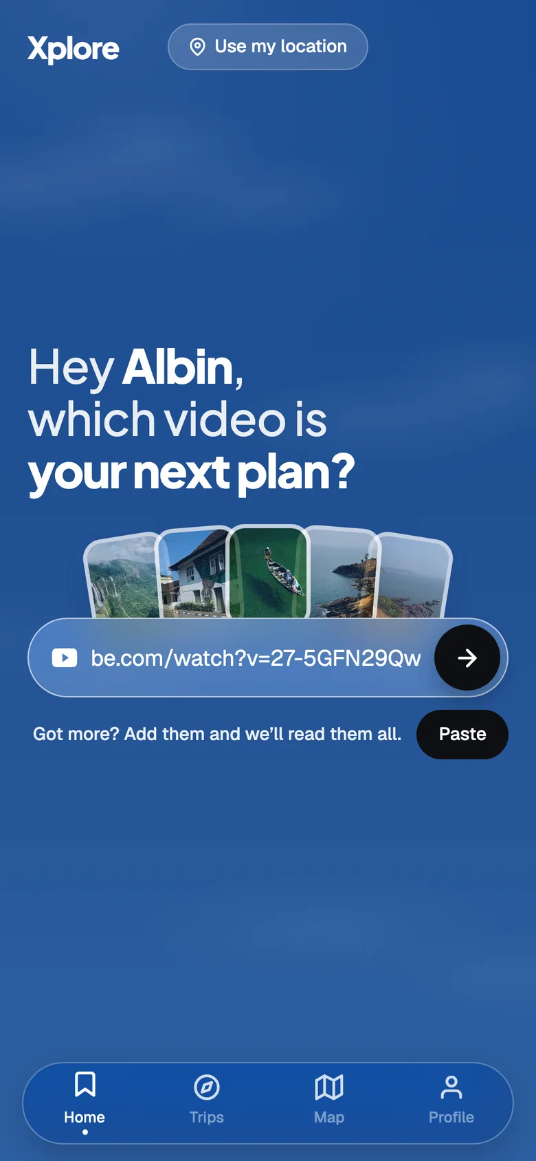 The home screen with one field, holding a pasted YouTube link