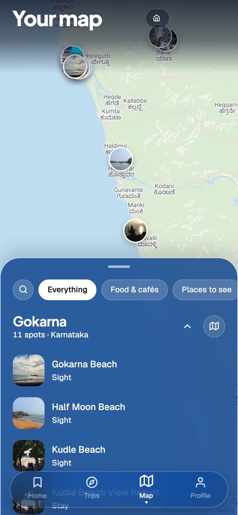 The Map tab: a Google map of the Karnataka coast with a photo pin for each saved place, and the list of 11 Gokarna spots below