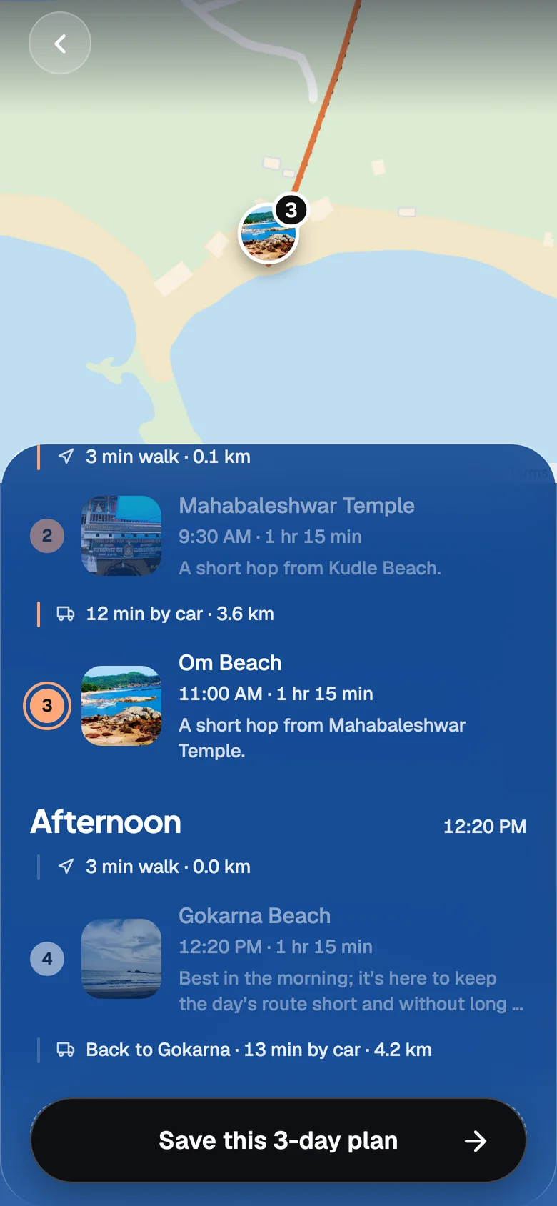 One day of the plan on a Google map, then each stop with its time, how long to stay and the travel time to the next one
