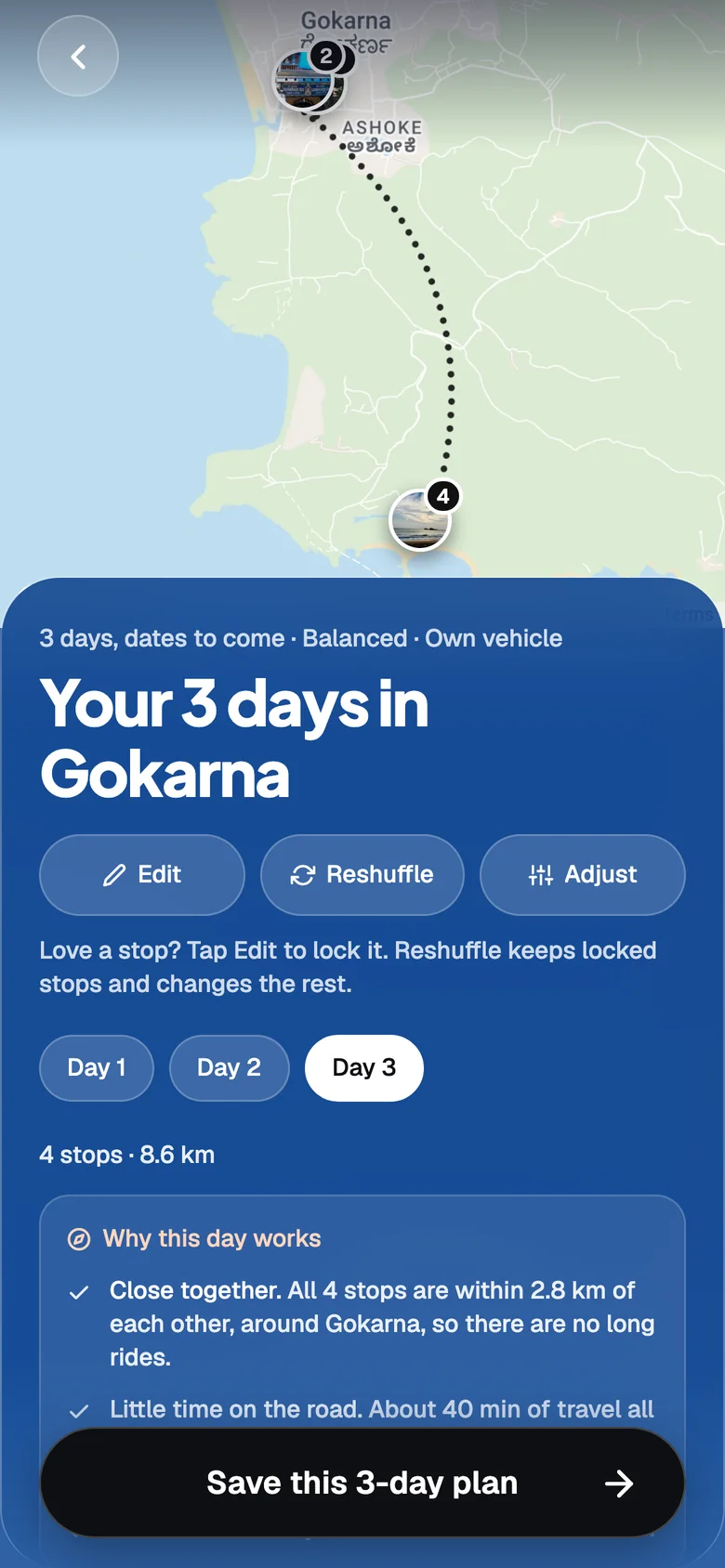 The finished plan: a Google map with the day's route and a three-day plan for Gokarna