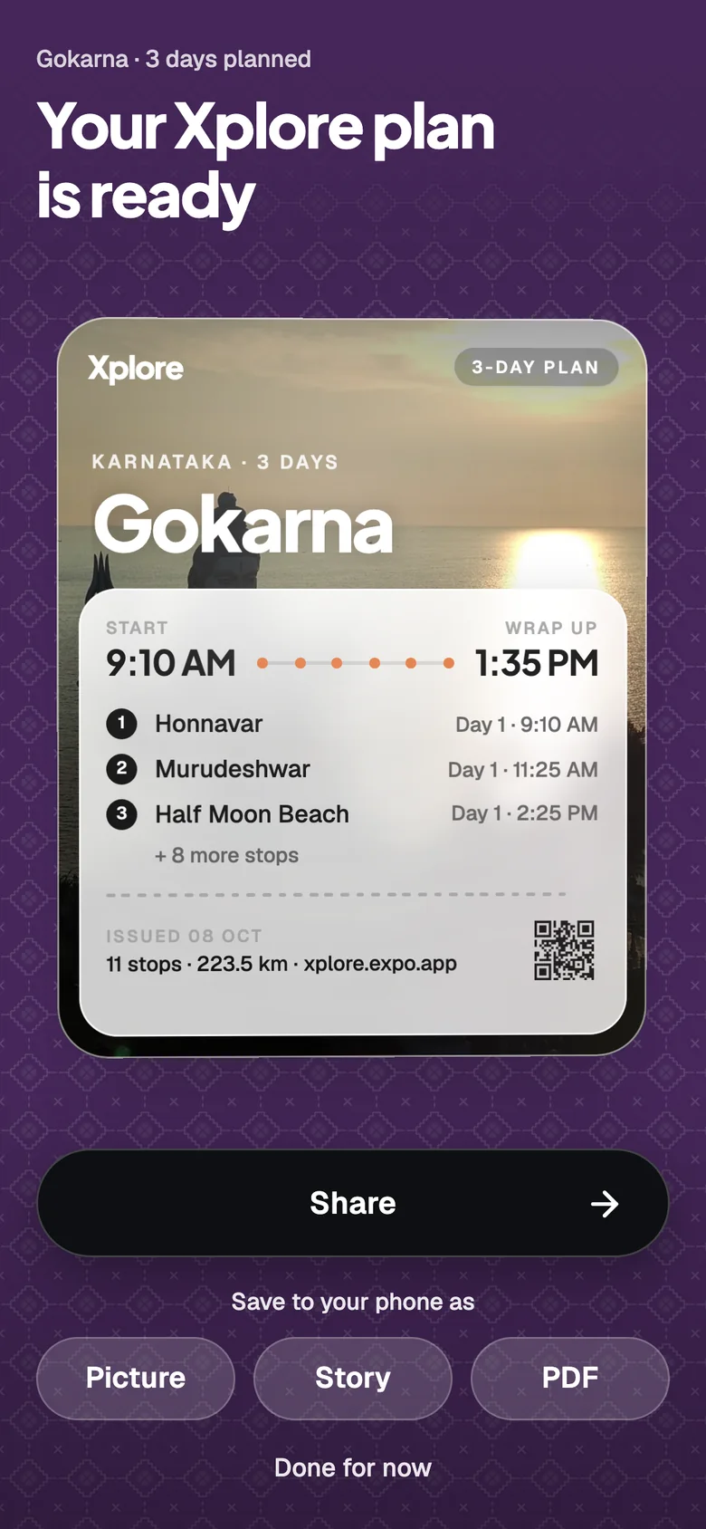 A three-day Gokarna plan shown as a ticket with its stops and times, and buttons to share it or save it as a picture, a story or a PDF
