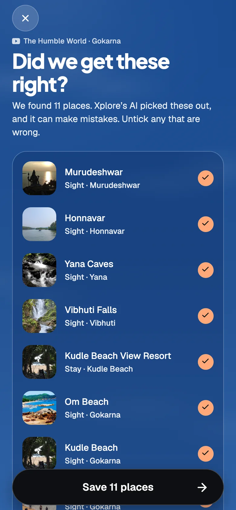 A list of the 11 places with a photo and a tick on each, under the heading Did we get these right?
